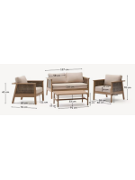 FILIPH conjunto de sofás de 128 cm y 2 sillones y mesa de centro en madera maciza de acacia y ratán y cojines incluidos