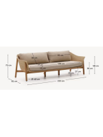 DONALD 3 seater sofa 223 cm in solid teak wood and synthetic rattan and removable cushions