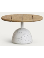 ACTON tavolino piano Ø 55 in legno naturale e base in metallo e cemento terrazzo veneziano per esterno