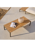 ARIO Table basse en aluminium vert 150x63 cm avec plateau en bois de teck pour terrasse de jardin extérieure