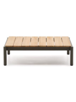 MEMIS 91x89 cm grüner Couchtisch aus Aluminium mit Teakholzplatte für die Gartenterrasse im Freien