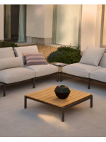 MEMIS 91x89 cm grüner Couchtisch aus Aluminium mit Teakholzplatte für die Gartenterrasse im Freien