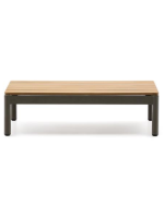 AMINA 91x57 cm grüner Couchtisch aus Aluminium mit Teakholzplatte für die Gartenterrasse im Freien