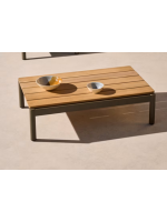 AMINA 91x57 cm grüner Couchtisch aus Aluminium mit Teakholzplatte für die Gartenterrasse im Freien