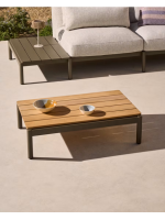 AMINA 91x57 cm grüner Couchtisch aus Aluminium mit Teakholzplatte für die Gartenterrasse im Freien