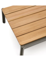 AMINA 91x57 cm grüner Couchtisch aus Aluminium mit Teakholzplatte für die Gartenterrasse im Freien