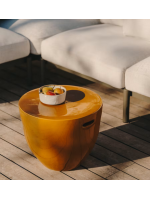 PROPOLI table basse en céramique avec finition émaillée couleur moutarde Ø 46 cm design maison intérieur ou extérieur