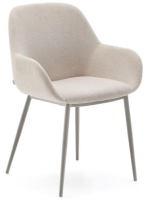 BING chair with armrests in beige chenille effect fabric and beige metal legs