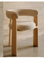 ANAFI Chaise à 3 pieds avec accoudoirs en tissu effet chenille beige et pieds en frêne massif naturel