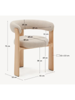 ANAFI Chaise à 3 pieds avec accoudoirs en tissu effet chenille beige et pieds en frêne massif naturel