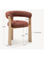 IRAKLIA Chaise à 3 pieds avec accoudoirs en tissu effet chenille terre cuite et pieds en frêne massif naturel