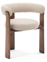 FOLEGAN 3 legged chair with armrests in beige chenille-effect fabric and legs in solid ash wood with walnut finish