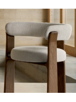 FOLEGAN 3 legged chair with armrests in beige chenille-effect fabric and legs in solid ash wood with walnut finish