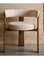 FOLEGAN 3 legged chair with armrests in beige chenille-effect fabric and legs in solid ash wood with walnut finish