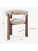 FOLEGAN Silla de 3 patas con reposabrazos en tejido efecto chenilla beige y patas en madera maciza de fresno con acabado nogal