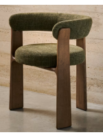 SERIFOS 3 legged chair with armrests in green chenille-effect fabric and legs in solid ash wood with walnut finish