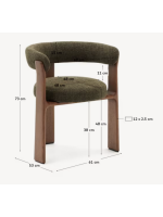 SERIFOS Chaise à 3 pieds avec accoudoirs en tissu effet chenille vert et pieds en frêne massif finition noyer