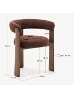 NAXOS sedia 3 gambe con braccioli in tessuto effetto ciniglia marrone e gambe in legno massello di frassino finitura noce