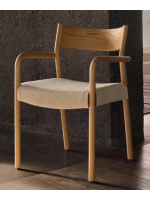 IMPERATORE Silla con reposabrazos con funda desenfundable en chenilla beige y madera maciza de roble acabado natural