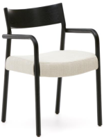 DINAGAT Silla con reposabrazos con funda desenfundable en chenilla beige y madera maciza de roble acabado negro