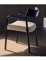DINAGAT Silla con reposabrazos con funda desenfundable en chenilla beige y madera maciza de roble acabado negro