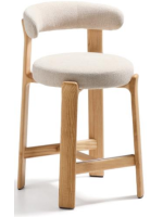 KRAB stool 65 or 75 cm in beige chenille effect fabric and legs in solid natural ash wood