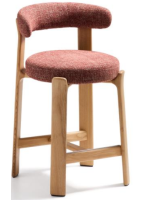 GRIGA stool h 65 or 75 cm in red chenille effect fabric and legs in solid natural ash wood