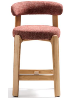 GRIGA stool h 65 or 75 cm in red chenille effect fabric and legs in solid natural ash wood