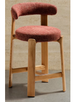 GRIGA stool h 65 or 75 cm in red chenille effect fabric and legs in solid natural ash wood