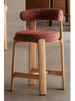 GRIGA stool h 65 or 75 cm in red chenille effect fabric and legs in solid natural ash wood