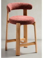 GRIGA stool h 65 or 75 cm in red chenille effect fabric and legs in solid natural ash wood