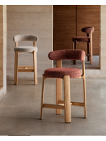 GRIGA stool h 65 or 75 cm in red chenille effect fabric and legs in solid natural ash wood