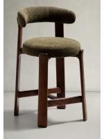KAPICY stool h 65 or 75 cm in green chenille effect fabric and legs in solid ash wood with walnut finish