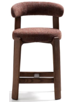 CURILI stool h 65 or 75 cm in brown chenille effect fabric and legs in solid ash wood with walnut finish
