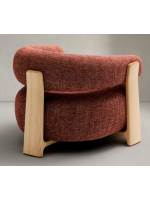 BOGOTA armchair in red chenille effect fabric and legs in solid natural ash wood