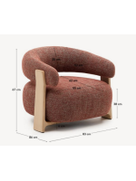 BOGOTA armchair in red chenille effect fabric and legs in solid natural ash wood