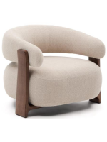 LYNCH armchair in beige chenille effect fabric and legs in solid ash wood with walnut finish