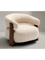LYNCH armchair in beige chenille effect fabric and legs in solid ash wood with walnut finish