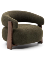 MORNINGTON poltrona in tessuto effetto ciniglia verde e gambe in legno massello di frassino finitura noce design