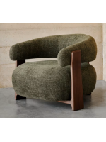 MORNINGTON poltrona in tessuto effetto ciniglia verde e gambe in legno massello di frassino finitura noce design