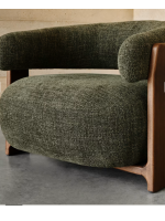 MORNINGTON armchair in green chenille effect fabric and legs in solid ash wood with walnut finish