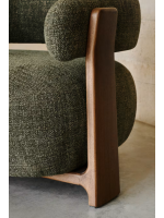 MORNINGTON armchair in green chenille effect fabric and legs in solid ash wood with walnut finish