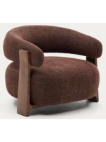ENGLAND fauteuil en tissu effet chenille marron et pieds en frêne massif finition noyer