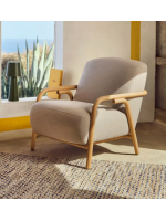 HUNTER Fauteuil en tissu beige antitache et structure en bois de frêne massif naturel design maison