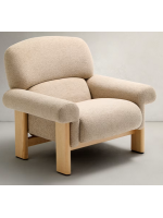 GOZO armchair in beige chenille effect fabric and legs in solid natural ash wood