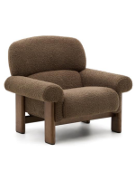 KRUZOF sillón en tejido bouclé marrón y patas en madera maciza de fresno con acabado nogal