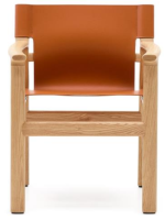 CALISTA Silla con reposabrazos en madera maciza de fresno natural y cuero natural marrón claro