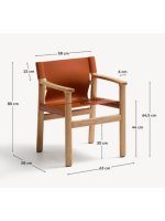 CALISTA Silla con reposabrazos en madera maciza de fresno natural y cuero natural marrón claro