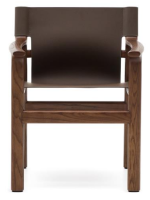 DESTOY chaise avec accoudoirs en bois de frêne massif finition noyer et cuir naturel marron foncé