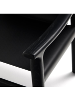 RAMONA chair with armrests in solid ash wood with black finish and natural black leather